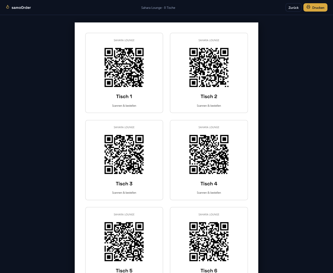 Ausdruckbarer QR-Bogen mit einem QR-Code pro Tisch, Vorschau Tisch 1 bis 6